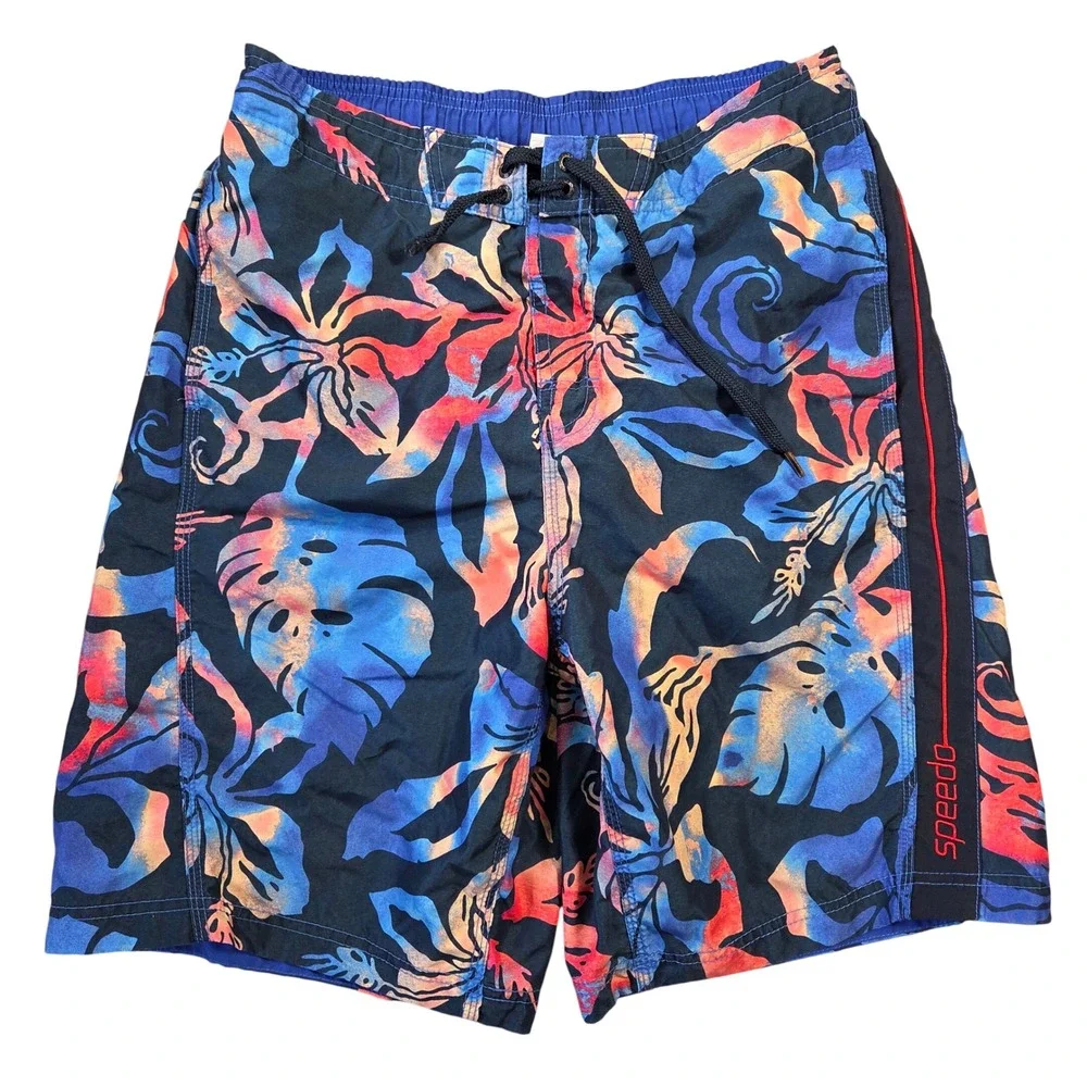 Speedo Mens Medium Tropical Floral Swim Trunks Blue Orange Monstera Board Shorts